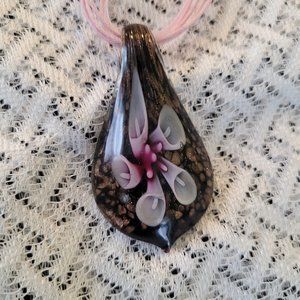 Art glass Pendant teardrop Glass black gold pink floral artisan